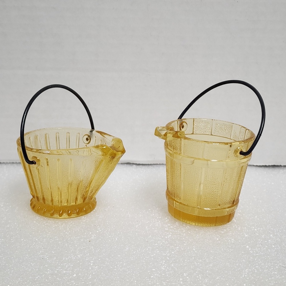 2 Vintage Miniature Yellow Amber Glass Ash‎ Bucket Water Pail with Metal Handles